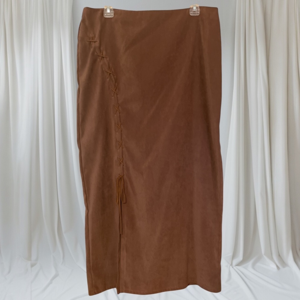 Vintage Fashion Bug‎ Lace up Midi/Maxi Faux Suade Skirt Size 10 Color Brown